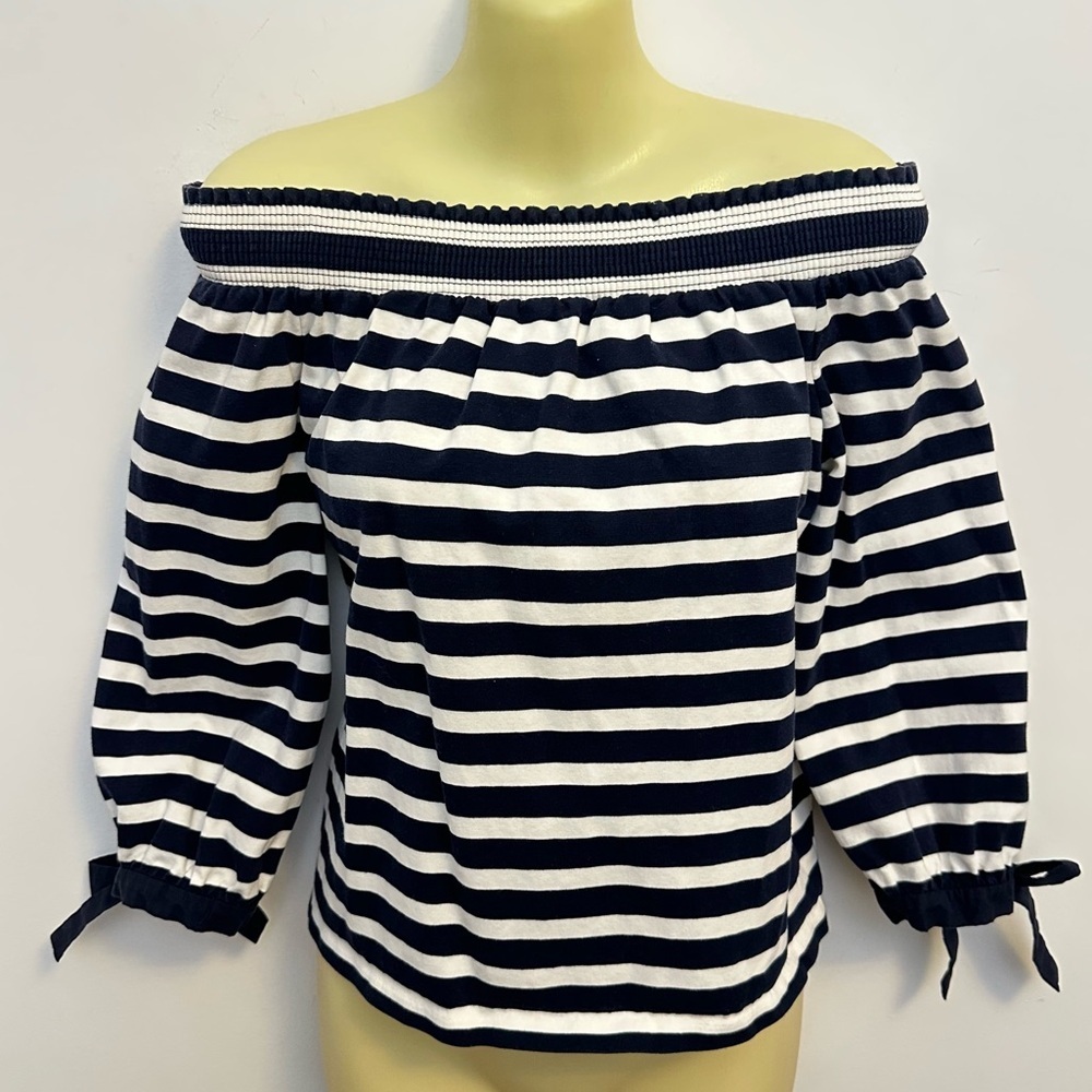 J. Crew Navy and White Off Shoulder Striped Blouse